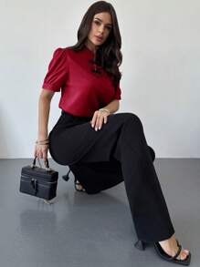 Firerie Nueva camisa elegante y romántica de botones con mangas abullonadas y contraste de colores para mujer, para primavera/verano - Burdeos - Ver 6