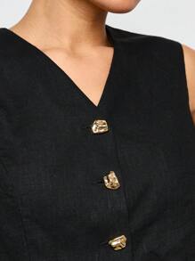 AiiRZ 亚麻短款背心经典马甲前扣无袖商务办公室专业正式节日夏季春季 - 黑色 - 查看 4