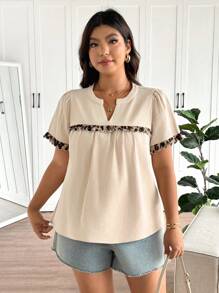 SHEIN Frenchy Plus Size Summer Casual Versatile Leopard Print Patchwork V-Neck Blouse For Women