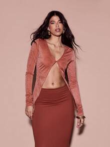 KIZN Scoop Neck Long Sleeve Lurex Button Open Front Cardigan - Rust Brown - View 1