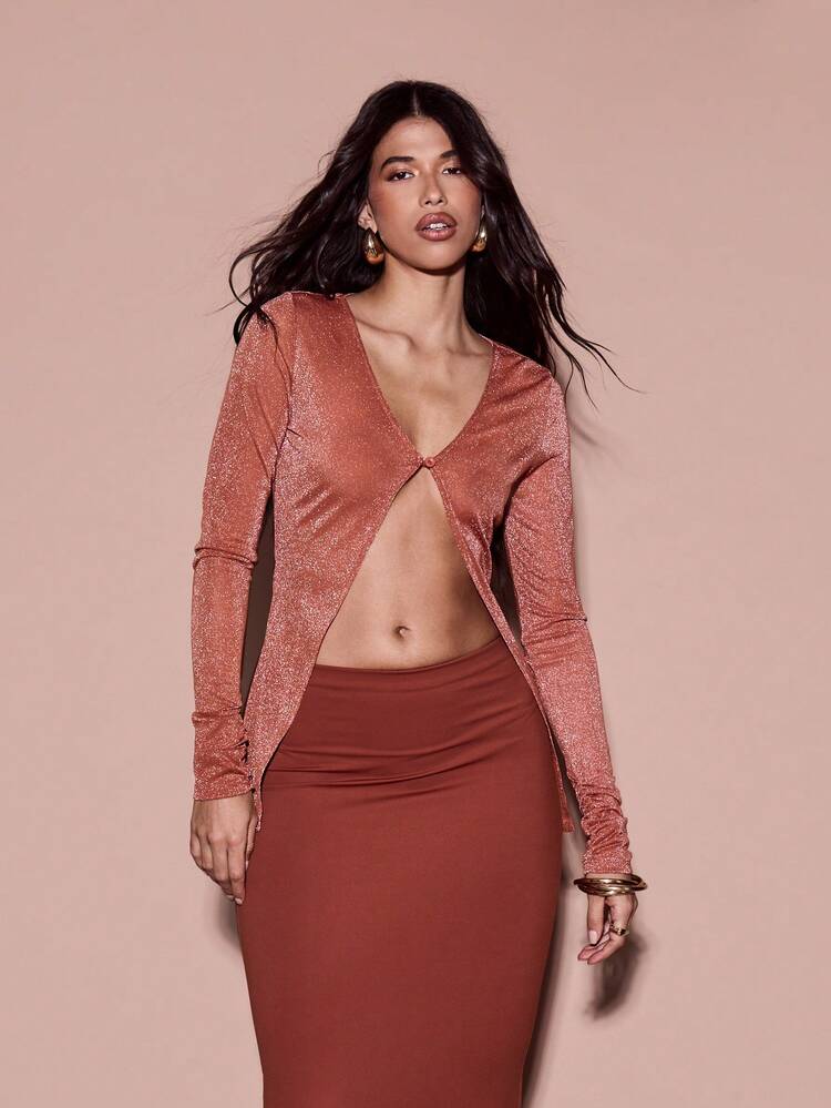 KIZN Scoop Neck Long Sleeve Lurex Button Open Front Cardigan