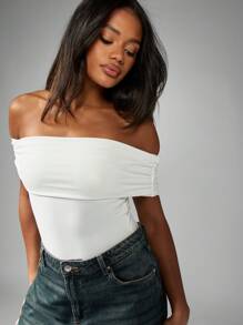MISSGUIDED Off Shoulder Bodysuit Foldover Bardot Top Elegant Party Evening Occasion Fitted Sleeveless Summer Spring Versatile Form-Fitting Clubwear Essential - White - View 5