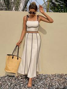 SHEIN Frenchy Bộ đồ hai mảnh màu mơ thường ngày dành cho nữ, áo hai dây và váy, mặc hàng ngày, đồ mặc đi làm, trang phục mùa hè cho nữ, bộ đồ hai mảnh dành cho nữ, bộ đồ 2 mảnh, trang phục đi nghỉ cho nữ, trang phục đi biển cho nữ, bộ quần áo cho nữ, trang phục đi nghỉ trên đảo - Màu be - Xem 4