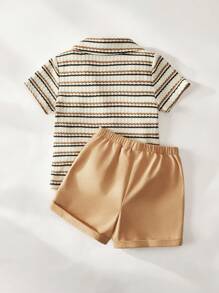 Cozy Pixies 3pcs/Set Baby Boy Colorful Stripe Collar Short Sleeve Cardigan, Round Neck Short Sleeve Pullover, And Elastic Waist Shorts - Multicolor - View 2
