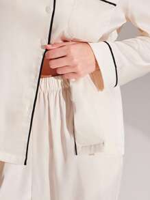 LUVLETTE Autumn And Winter White Silky Satin Contrast Trim Short-Sleeve Basic Button-Up Top & Pants Women Loungewear Pajama Set Pants With Pockets Fall Pajamas Clothes