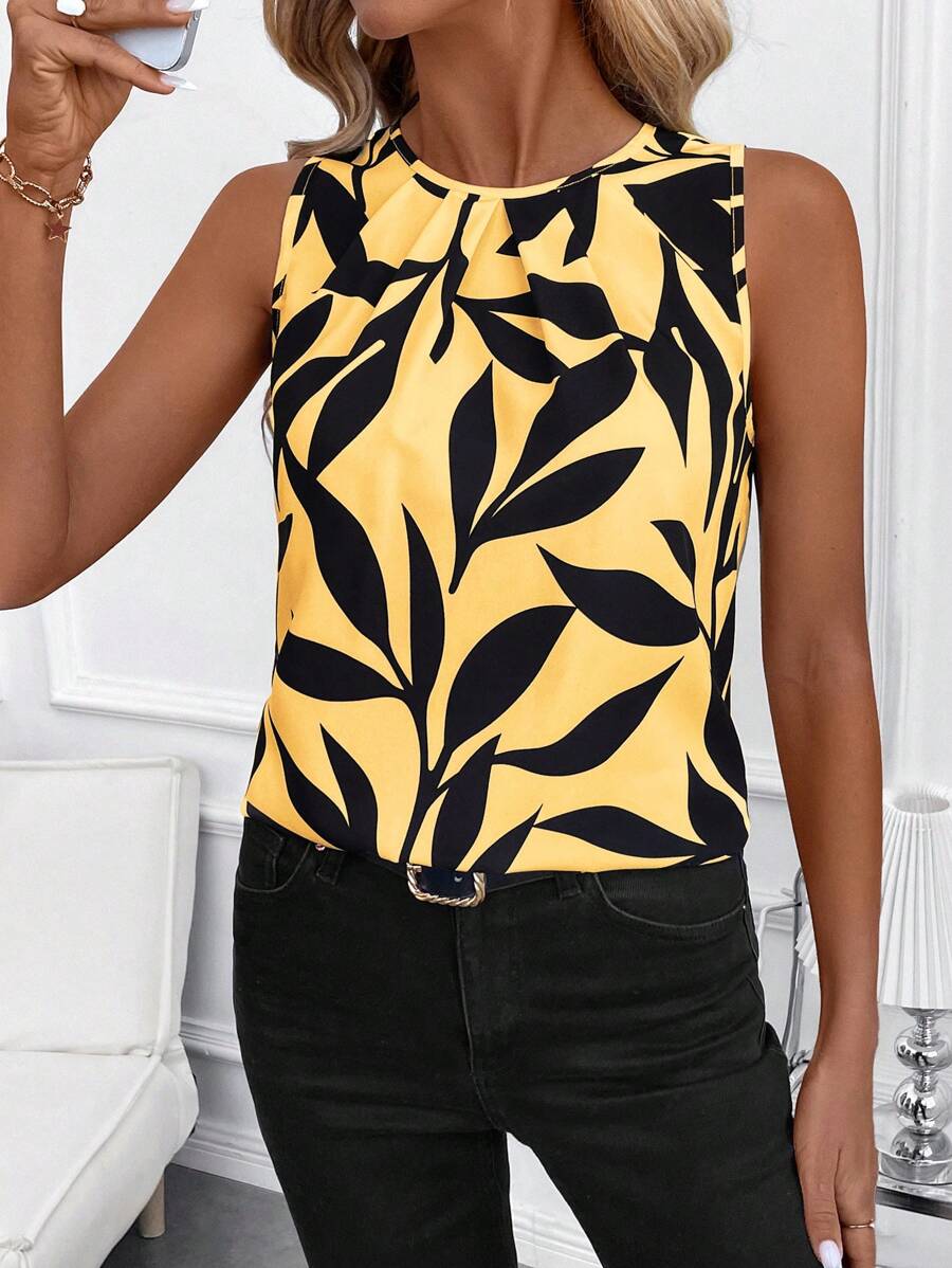 SHEIN Clasi Ärmelloses figurbetontes Damen Oberteil mit Aprikosen Muster, lässige Tops für Frühling/Sommer, Kleidung für Lehrerinnen - Gelb - Übersicht 1