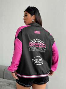 POPSWAY Plus Size Women's Pink Stylish Letter Print Patchwork Drop Shoulder Long Sleeve Jacket Winter Fall Autumn - Hot Pink - View 2