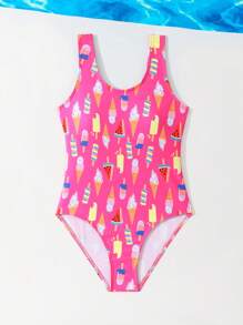 Tween Girls' Vacation Ice Cream Print One-Piece Swimsuit, Random Print Young Girls Sets Summer Young Girls Sets Bathing Suits For Teens One Piece Swimming Suits For Teens One Piece Swim Suits For Teen Girl One Piece - Multicolor - View 4