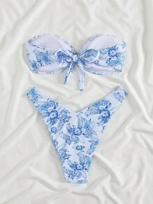 Swim Mod 2pcs Summer Beach Holiday Strapless Cropped Top With Circle Pendant Decor & Bikini Set
