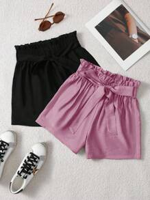 Chiquease 2pcs Solid Color Casual Commuting Travel High Waist Paper Bag Style Shorts - Multicolor - View 4