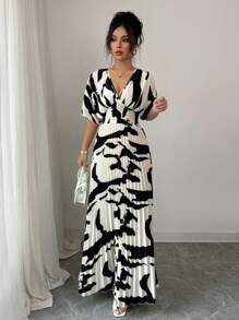 Elenzga Women's V-Neck Ruched Waist Long Dress With Drop Shoulder Sleeves - Black and White - View 5