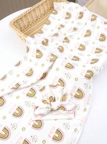 SHEIN 新生儿女孩摄影道具彩虹印花襁褓毯配配套头巾帽女婴摄影包巾