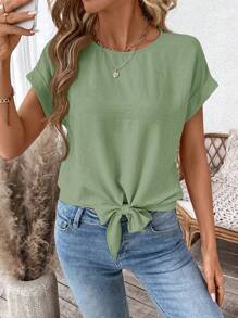 SHEIN LUNE Áo kiểu nữ tay ngắn buộc dây, màu trơn, kiểu dáng thường ngày, cơ bản, thích hợp cho mùa xuân/hè, phong cách thường ngày. - màu xanh lá - Xem 6
