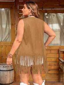 SHEIN LUNE Plus Size Solid Color Hollow Out Fringe Trim Casual Sleeveless Cardigan Winter Fall Autumn - Brown - View 2