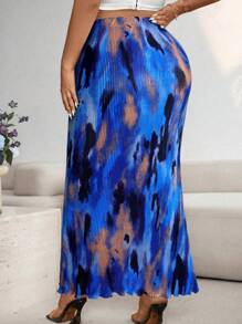 Celure تنورة ماكسي ذات خصر مطاطي مطبوعة بطباعة التعتيق للمرأة بحجم كبير، تنورة ماكسي ذات حافة ذيل السمكة عصرية - الأزرق - مشاهدة 2