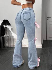 SHEIN PETITE Women's Blue Jeans Y2K Sweet Bow High Elastic Slim Flared Pants Summer