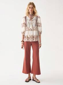 Florisole Women's Bohemian V-Neck Fringe Linen Blend 3/4 Sleeve Printed Blouse, Spring/Summer