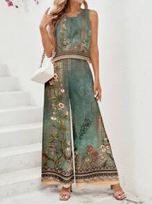 SHEIN Clasi 2 件套复古花卉印花吊带背心和裤子套装，女士夏季休闲家居服