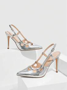 CUCCOO SZL Women's Stylish Silver Snake Skin Hollow Out Pointed Toe High Heels, Suitable For Commuting, Dating, Party, Wedding, Holiday - Silver - View 3