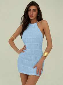 Aloruh Romantic Vacation Halter Backless Sexy Mini Textured Ruched Women Dress, Spring/Summer - Baby Blue - View 3