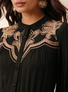 Anewsta 女士优雅黑色雪纺刺绣 A 字长袖连衣裙，适合春季、夏季、度假、节日