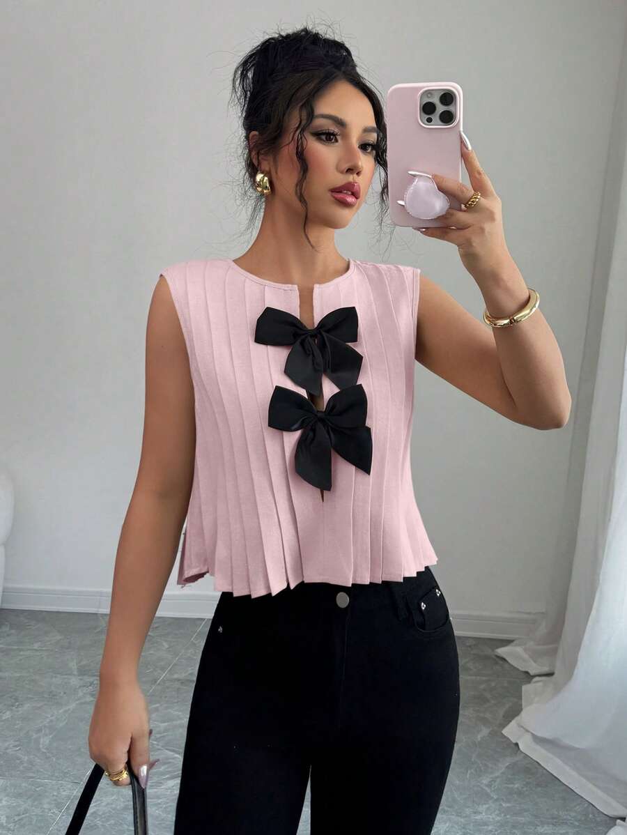 Elenzga Women's Round Neck Sleeveless Pleated Shirt With Bow Decor - Multicolor - View 1