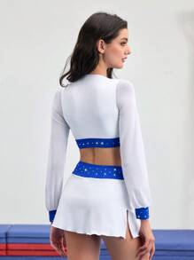 Cheerettes 女士撞色拼接短款上衣和迷你裙运动套装 - 白色 - 查看 3