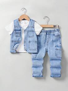 SHEIN 2pcs/Set Young Boy Distressed Stonewashed V-Neck Multiple Cargo Pockets Blue Denim Vest Jacket And Loose Fit Cargo Jeans,For Kids Fall/Winter Outdoor Daily Wear Outfits - Light Wash - View 1