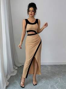 Elenzga 不对称领口无袖合身短下摆性感优雅长裙 - 咖啡棕 - 查看 5