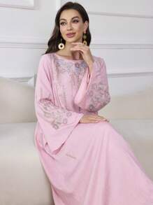 Al Najma Modest Pink Long Kaftan: Embroidered Woven Fabric Dress With Scoop Neckline And Wrist-Length Sleeves, Perfect For An Elegant Look - Pink - View 5