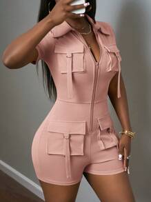 Slaydiva 2025春夏新款休闲街头前拉链工作口袋短袖迷你短款女式紧身衣，卡其色，适合音乐节，复活节，圣帕特里克节，日常外出，派对，毕业季，运动休闲-B