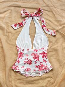 SHEIN WYWH 女士度假浪漫乡村红白花卉印花露背蝴蝶结前褶皱波浪下摆衬衫