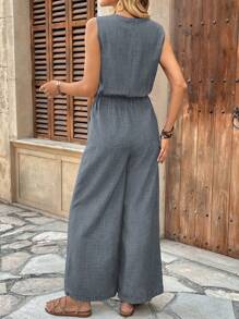 Breezaya V-Neck Bodycon Textured Sleeveless Jumpsuit With Pockets For Women, Vacation Style - Grey - View 2