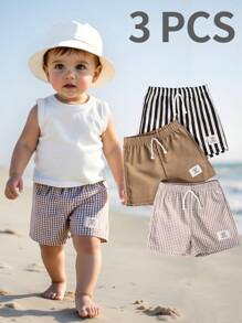 Souflis Souflis 3pcs Infant & Toddler Boys' Casual Khaki Plaid, Black & White Stripe, Solid Color Shorts, Summer Essentials For Daily Wear, Vacation & Outings