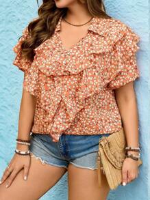SHEIN LUNE Plus Size Women Orange Ditsy Floral Ruffle Hem Shirt, Easter