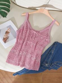 CosyJoli Plus Size Women Elegant Romantic Hollow Out Knitted Vest Camisole Tank Top - Dusty Pink - View 3