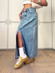 SHEIN 少女Y2K水洗低腰开衩蓝色牛仔长裙，适合夏季早午餐、毕业典礼、度假、波西米亚休闲乡村音乐会/锐舞派对等场合。 - 淺色水洗藍 - 查看 1