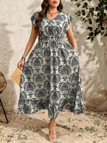 SHEIN LUNE Plus Size Women's Paisley Black And White,Summer,Boho,Elegant,Tea Party Shirred Cap Sleeve Cinched Waist Ruffle Hem Dress Graduation Beach Vacation - Multicolor - View 5