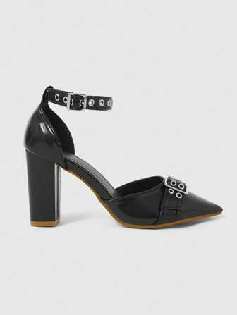 Goth Damen Punk Spitze Schnallen Schwarz Motorrad Gleitende Sandalen, Mules High Heels