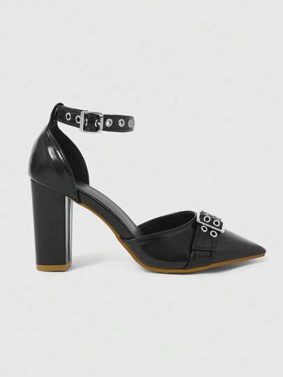 Goth Women's Punk Pointed Buckle Black Motorcycle Slide Sandals, Mules High Heels