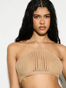 KIZN Knitted Crochet Co-Ord Set Two Piece Crop Top And Maxi Skirt Beachwear Resort Wear Summer Vacation Outfit Festival Fashion Bohemian Style Ibiza - Khaki - View 3
