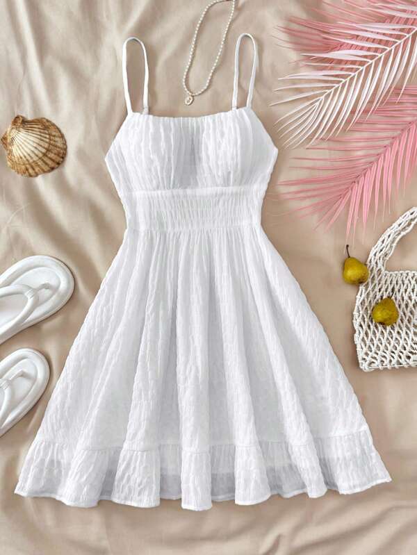 SHEIN Lässiges Sommerurlaubskleid für Teenager-Mädchen, einfarbig, mit Rüschensaum, ärmelloses Camisole-Kleid, geeignet für Sommer-Dates, Strandkleider, Straßenoutfits für Teenager, Strandurlaubsoutfits, Sonnenkleider für Frauen