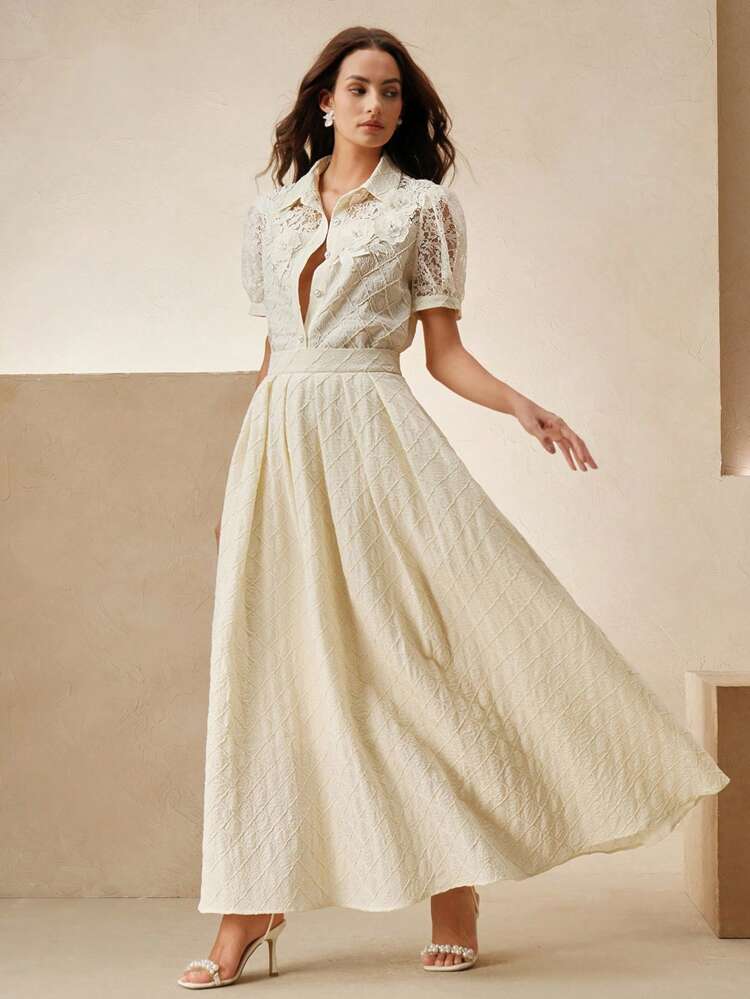 Spring, Summer Elegant Outfit, Vacation, Date Night, Business Casual Women Graceful Apricot 3D Floral Suit, Blouse & A-Line Skirt, Lace Patchwork, Waisted