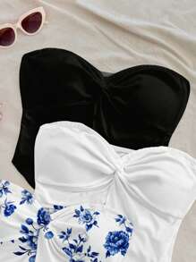 Soleia 3 件热带花卉印花性感扭纹前短款吊带背心，休闲度假，黑白蓝色，Y2K Coconutgirl 波西米亚节日风格 - 彩色 - 查看 5