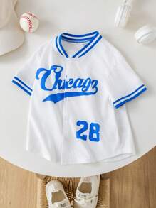 Camisa de manga corta con cuello de canalé, estampada y de color contrastante, cómoda y versátil para niños pequeños - Azul y blanco - Ver 4