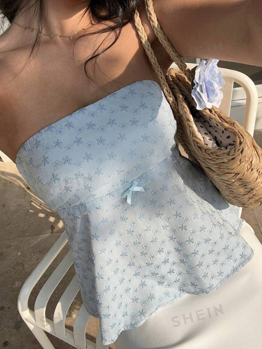 SHEIN PETITE Top de tirantes para mujer con lazo bordado, espalda descubierta y lazo, para vacaciones, talla pequeña - Celeste - Ver 1