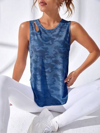 Exploreva 满版印花镂空圆领无袖夏季运动T恤