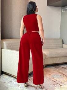 SHEIN Unity 2pcs Plus Size Women Elegant Black & White Contrast Color Vest And Pants Set With Button Decor, Fashion Design, Versatile - Multicolor - View 2