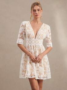 Amorya Vestido blanco evasé de mujer con escote en V y bordados, de estilo de moda elegante
