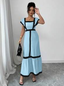 SHEIN Unity 女士优雅休闲黑色和米色条纹荷叶边袖度假长裙 - 彩色 - 查看 6